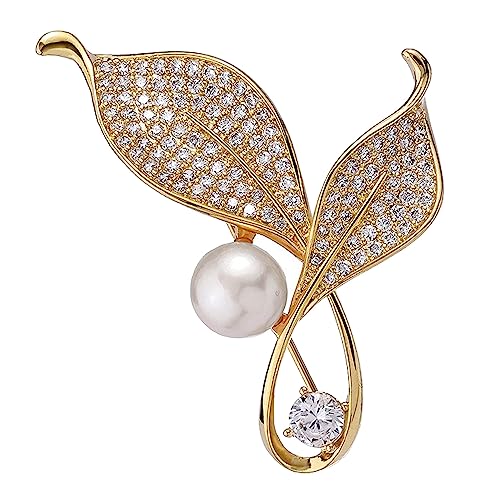 Crystal Pearl Flower Brooches Pins Fashion Beautiful Created Rhinestone Floral Brooch Good Idea for Party Dance Wedding Banquet for Elegant Women Girl - color: Gold Leaves