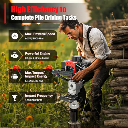 Gas Powered T-Post Driver, 900W 32.7CC T Post Pounder Driver Heavy Duty Gasoline, 2-Stroke Fence Farm Push Pile Gasoline Engine Kit for Fence Post Construction Site - size: 32.7CC