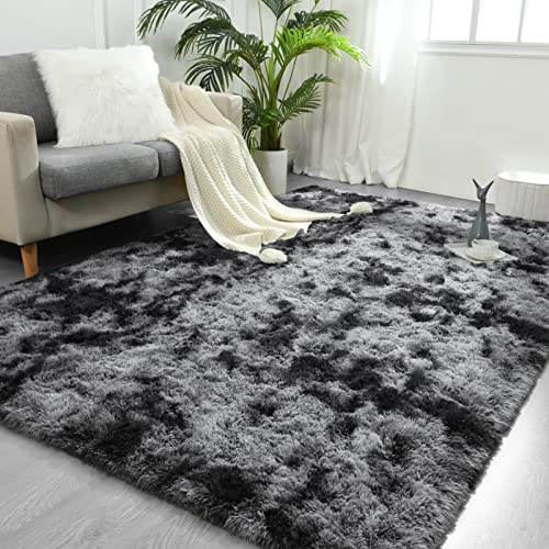 FlyDOIT Large Area Rugs for Living Room, 4x6 Feet Tie-Dyed Dark Grey Shaggy Rug Fluffy Throw Carpets, Ultra Soft Plush Modern Indoor Fuzzy Rugs for Bedroom Girls Kids Nursery Room Dorm Home Decor - color: Dark Grey, size: 4' x 6' (Rectangular)