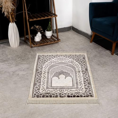 Modefa Turkish Islamic Prayer Mat - Velvet Janamaz - Intricate Praying Rug Ramadan Eid Gift - Traditional Muslim Seccade for Men Women - Saray (Charcoal Grey) - color: Charcoal Grey
