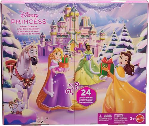 Mattel Disney Princess Doll Advent Calendar with 24 Days of Surprises, Including 3 Small Dolls, 3 Friends, 6 Fashions & 16 Accy Inspired by Movies
