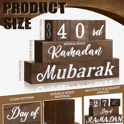 GlikCeil 5 Pcs Eid Mubarak Calendar Block Set Ramadan Advent Countdown Eid Calendar Countdown Blocks Wood Sign for Decorations Ramadan Wooden Tabletop Ornament Home Table Decor, Brown