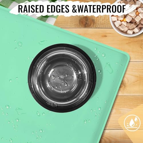 MateeyLife Dog & Cat Food Mat - Waterproof, Nonslip Dog Bowl Mats with Raised Edges, Silicone Matt Tray for Messy Drinkers, 22"x14", MintGreen - color: Green, size: 22''×14''