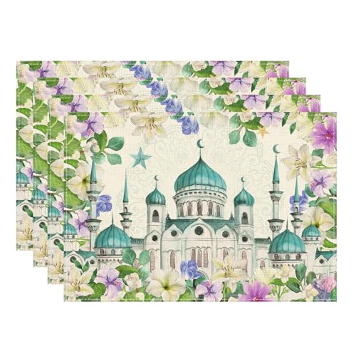 XCHI Flowers Castle Stars Ramadan Mubarak Placemats Set of 4 Table Mats for Party Home Kitchen Dining Table Decorations 12x18 Inch