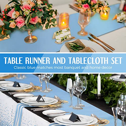 Breling 8 Pack Winter Baby Blue and White Disposable Plastic Tablecloths and Satin Table Runner Set, 54 x 108 Inch Tablecloth, 12 x 108 Inch Table Runners for Wedding Birthday Baby Shower New Year - color: Blue and White