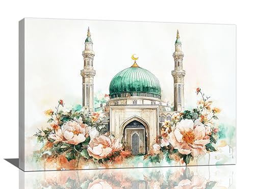 Islamic Wall Art Muslim Pictures Wall Decor Watercolor Arabic Medieval Prints Canvas Painting Framed Modern Artwork Home Decoration for Living Room Bathroom Bedroom Office 16"X24" - color: Mosque, size: 16"L x 24"W