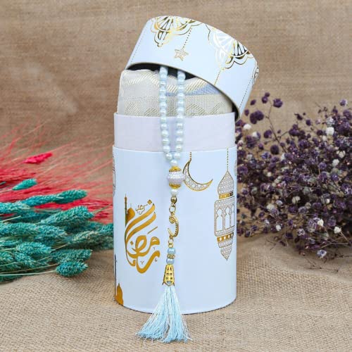 Prayer Rug, Tasbeeh Ramadan Eid Gift Box | Ramadan Kareem Gift Set | Islamic Eid Gift Box | Prayer Mat Misbaha Set For Ramazan | Eid Mubarak Favor (Blue)