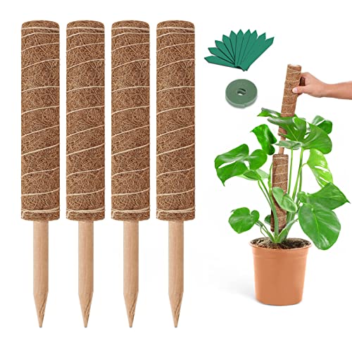 GROWNEER 42 Inch Moss Pole for Plants, 4 Pcs 15 Inch Stackable Coir Totem Support, Moss Sticks with 15pcs Labels and 78in Garden Ties, Monstera and Snake Plants Stake for Climbing Indoor