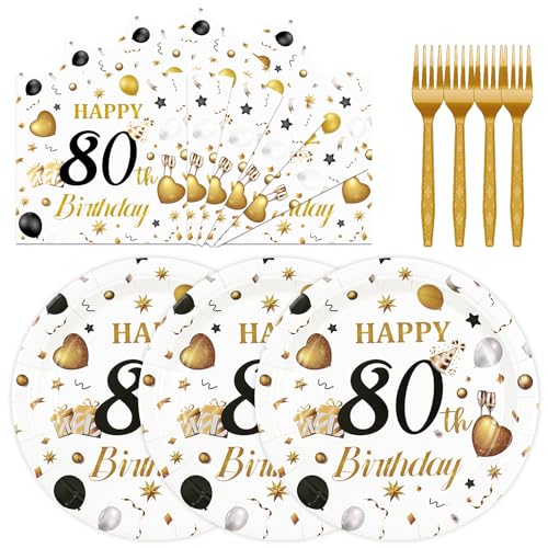 75PCS 80th Birthday Plates and Napkins Party Decorations, 7 Inch White and Gold Happy Birthday Paper Dessert Cake Plates and Napkins with Forks Disposable Tableware Set for Women Men - color: 80th White