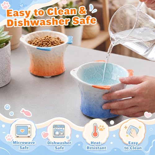 Tioncy 2 Pcs Raised Tilted Ceramic Cat Food Bowl Fish Shape Cute Elevated Slanted Shallow Angled Cat Dish Non Slip Feeder Bowl for Anti-Vomiting and Fatigue (Blue,Orange) - color: Blue,Orange