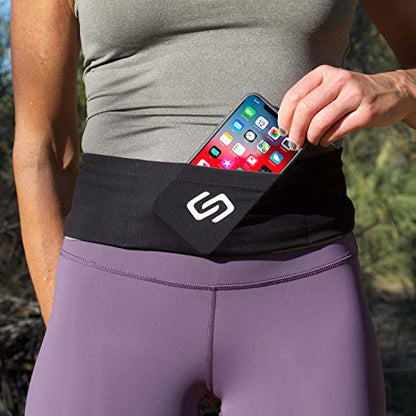 Sporteer VersaSlim Running Belt - Low-Profile Workout Waist Pack for Gym & HIIT - Zero-Bounce Minimalist Phone Holder for Activewear - Nylon Spandex Blend (Black, Small) - size: Small