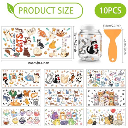 arricraft 10 Sheets Cartoon Cat UV DTF Cup Wrap for 16OZ Glass, Many Cats in Various Poses Paw Print Fish Bone Rub on Decals PVC Transfer Stickers for DIY Cups Window Home Printing Decoration 24x11cm - style: Cartoon Cat Theme