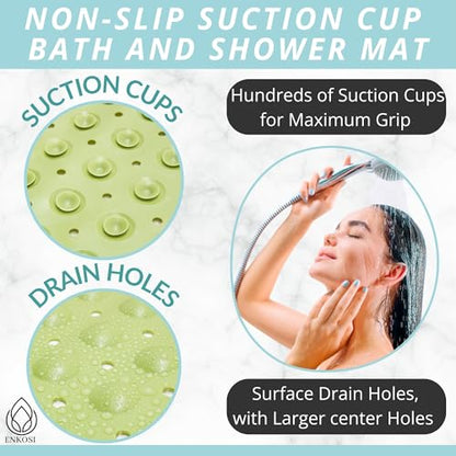 ENKOSI Non-Slip Bath & Shower Mat 40x16 Extra Long, Suction & Drain Holes | Green color; Durable PVC; 40x16 in, Green - color: Green