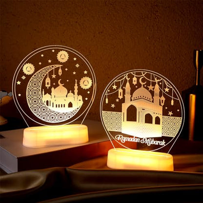 2 Pcs Ramadan Decorations Lights for Home Eid Mubarak Table Decor LED Ramadan Night Lights Crescent Moon Castle Lantern Centerpiece for Home Islamic Mosque Muslims Crafts Table Decor Eid Gifts(Lovely) - style: Lovely