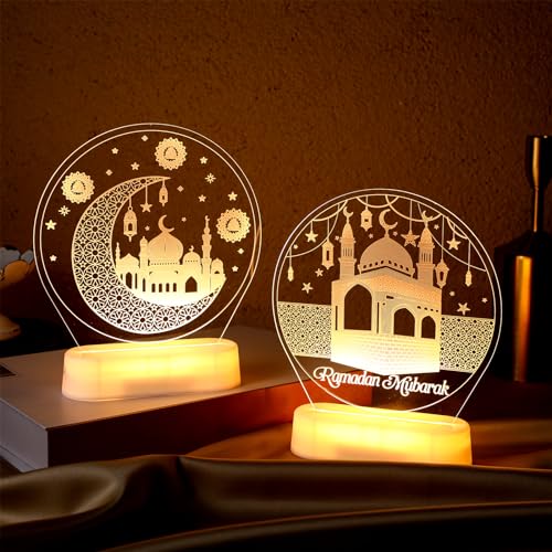 2 Pcs Ramadan Decorations Lights for Home Eid Mubarak Table Decor LED Ramadan Night Lights Crescent Moon Castle Lantern Centerpiece for Home Islamic Mosque Muslims Crafts Table Decor Eid Gifts(Lovely) - style: Lovely