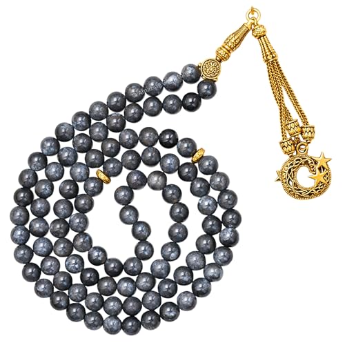 Amazing Gemstone Crystal Tasbeeh with Moon and Star Charm - Certified Crystal Muslim Prayer Beads Natural Gemstone Tasbih Gift for Ramadan Dhikr and Daily Namaz (G) - color: Larvikite