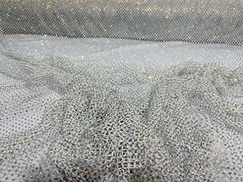 New Creations Fabric & Foam Inc, 45" Wide AB Iridescent Rhinestone On Soft Stretch Fish Net Fabric by The Yard (1 Yard, Iridescent Rhinestones on White Mesh) - color: Iridescent Rhinestones on White Mesh