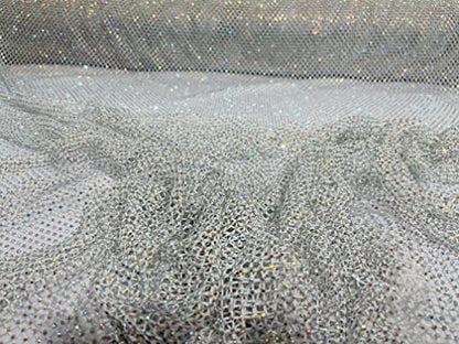 New Creations Fabric & Foam Inc, 45" Wide AB Iridescent Rhinestone On Soft Stretch Fish Net Fabric by The Yard (1 Yard, Iridescent Rhinestones on White Mesh) - color: Iridescent Rhinestones on White Mesh