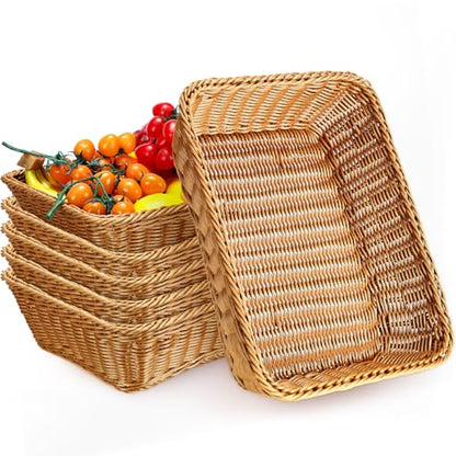 Eccliy 6 Pack Wicker Bread Baskets Woven Serving Basket, 19 Inch | Poly Wicker Storage for Gift, Rectangle Rattan Display Trays for Bread Food Vegetables Fruit Snacks Tabletop Restaurant Home - size: 19 Inch
