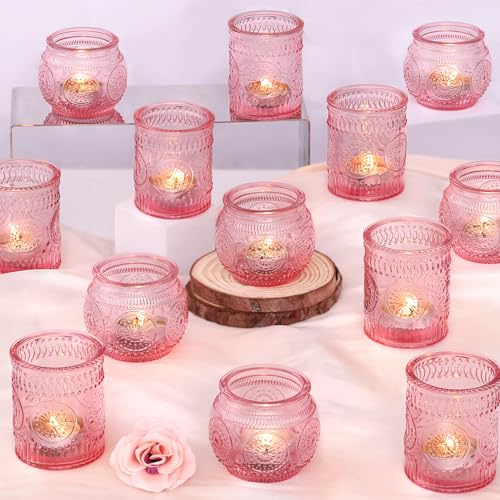 DARJEN 24Pcs Pink Votive Candle Holders- Glass Candle Holders Bulk for Flameless LED Tea Waxes, Romantic Candle Holder for Wedding Decor, Various Parties & Dinner Table - color: Pink, size: 24 PCS