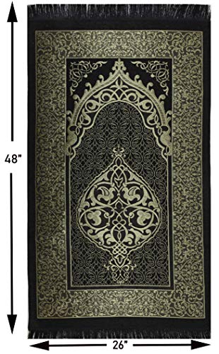 Modefa Muslim Woven Chenille Prayer Rug, Ottoman Black + Blue | Thin Chenille and Taffeta Turkish Intricate Metallic Ottoman Salah Mat - color: Black + Blue