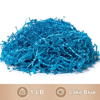 Wowxyz 1 LB Crinkle Cut Paper Shred Lake Blue Crinkle Shredded Paper for Gift Baskets - Gift Box Bag Filler - Confetti Stuffing for Birthday, Holiday Present Packaging Wrapping - color: Lake Blue