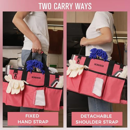 SCAVATA Wearable Cleaning Caddy Bag, Cleaning Caddy Supplies Organizer with Handle & Shoulder Straps for Housekeepers, Under Sink & Car Cleaning Tool Organizers with 4 Foldable Divider (RoseRed) - color: RoseRed