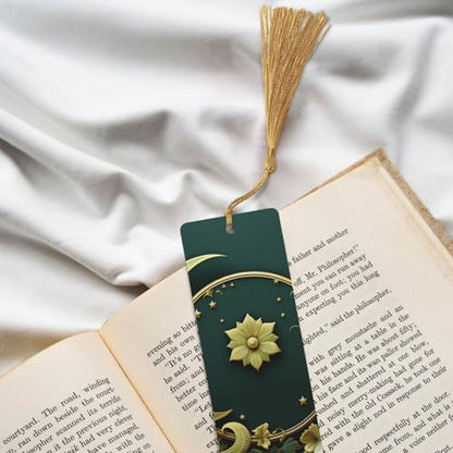 5 Pieces Wood Bookmark for Men Women Ramadan on Green Wallpaper Wooden Bookmarks Unique Handmade Book Marks with Tassel Pendant Craft Bookmark for Book Lovers Birthday Teachers Gift - color: Gold