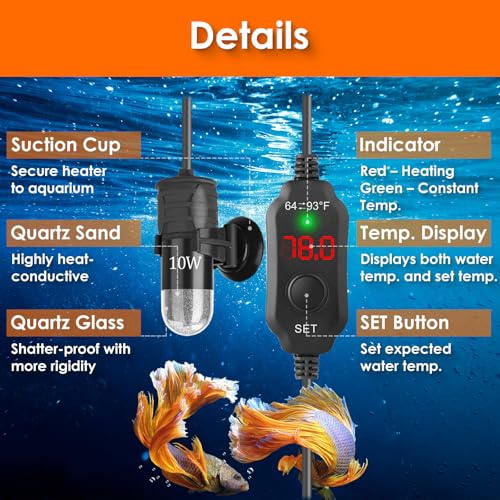 10W Mini Aquarium Heater for up to 1 Gallon Tanks | Super Small 5V/2A USB Fish Tank Heater with Digital Thermostat, Dry-Run & Overheat Protection, Memory Function - size: For Aquariums ≤ 1 Gal