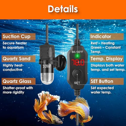 10W Mini Aquarium Heater for up to 1 Gallon Tanks | Super Small 5V/2A USB Fish Tank Heater with Digital Thermostat, Dry-Run & Overheat Protection, Memory Function - size: For Aquariums ≤ 1 Gal