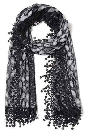 Cindy & Wendy Lightweight Soft Leaf Lace Fringe Scarf Bridal Shawl for Women - color: Black Grey