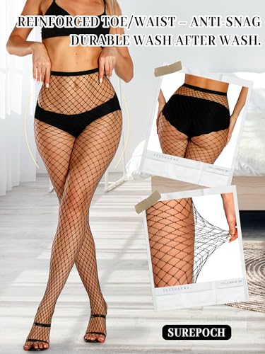 SUREPOCH Women 2 Pairs Fishnet Stockings Black Mesh Pantyhose High Waist Rhinestone Tights