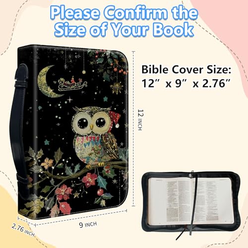Bible Cover Case for Women, PU Leather Large Bible Cases with Zipper Fits Books Up to 12" x 9" x 2.76”, Bible Carrying Bag for Men, Christmas Owl - color: Christmas Owl