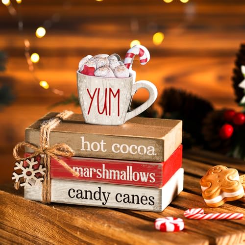 4 Pcs Christmas Table Decorations Winter Snowflake Tiered Tray Decorations Decorative Mini Wooden Books Subject Signs Block Centerpiece for Office Tabletop Shelf Housewarming Gifts - style: Coffee