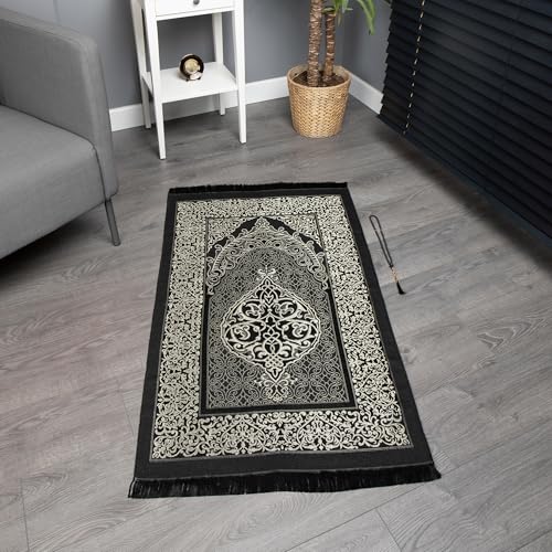 Modefa Islamic Gifts Prayer Mat | Thin Woven Praying Mat Muslim Prayer Rug | Muslim Gifts for Men Ramadan Gifts with Tesbih Prayer Beads | Ottoman Rug with Cylinder Gift Box Set (Black with Box) - color: Black #2