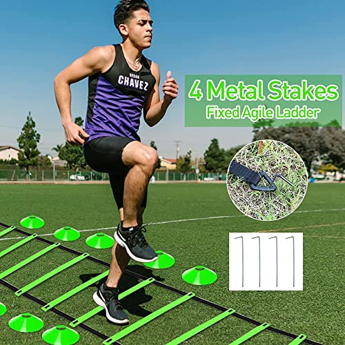 Speed & Agility Ladder Training Equipment Set, Includes 12 Rung 20ft Agility Ladder, 4 Agility Hurdles,12 Disc Cones, 1 Resistance Parachute for Training Football Soccer Basketball Athletes - color: green