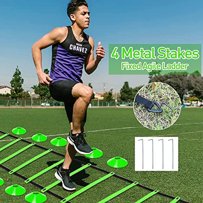 Speed & Agility Ladder Training Equipment Set, Includes 12 Rung 20ft Agility Ladder, 4 Agility Hurdles,12 Disc Cones, 1 Resistance Parachute for Training Football Soccer Basketball Athletes - color: green