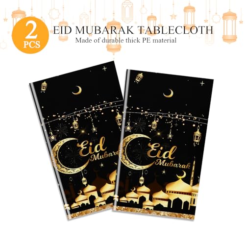 PHOGARY Eid Decorations 2 Pcs Eid Mubarak Tablecloth, Ramadan Mubarak Tablecloth Disposable Rectangle Plastic Ramadan Kareem Table Covers for Eid Al-fitr Party Ramadan Decorations 54" X108", Black