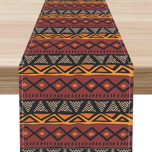 Traditional African Table Runner, Rustic Tribal Mud Pattern Abstract Geometric Ethnic Farmhouse Coffee Table Center Decor for Kitchen Dining Patio Holiday Party Indoor Outdoor Table, 13"x36" Inch - color: African-2, size: 13x36" Table Runner
