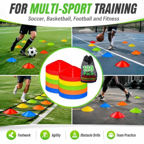 60/120 Pack Agile Soccer Cones with Portable Bags & Brackets,Sports Cones,cones for sports training，soccer cones for training，soccer training equipment，Agile Soccer Cones Used for Football Training - size: B-120 Pack Soccer Cones