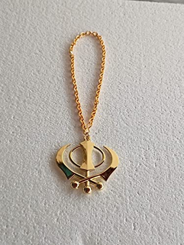 BEXCO Sikh Khanda Metal Car Hanging Show Peice - 6cm with Metal thread-15cm.(Metal, Golden) - color: Golden, size: 6 cm
