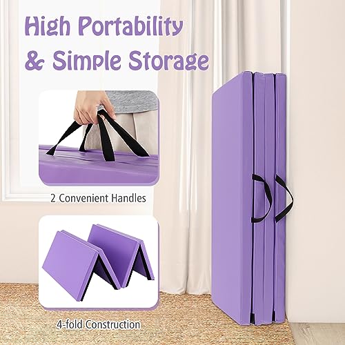 GYMAX Gymnastics Mat, 4 FT x 8 FT x 2 Inches Folding Exercise Mat w/Carry Handles & Sturdy Stitching Waterproof Cover, Tumbling Mat for Yoga Stretching Martial Arts Home Gym - color: Purple