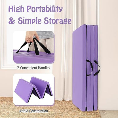 GYMAX Gymnastics Mat, 4 FT x 8 FT x 2 Inches Folding Exercise Mat w/Carry Handles & Sturdy Stitching Waterproof Cover, Tumbling Mat for Yoga Stretching Martial Arts Home Gym - color: Purple
