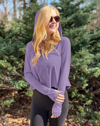 G4Free Skimetic Womens UPF 50+ Sun Hoodie Shirts - Quick Dry Running Jacket Long Sleeve Rash Guard Zip Pocket Hiking Athlete - color: Gray Purple, size: Large