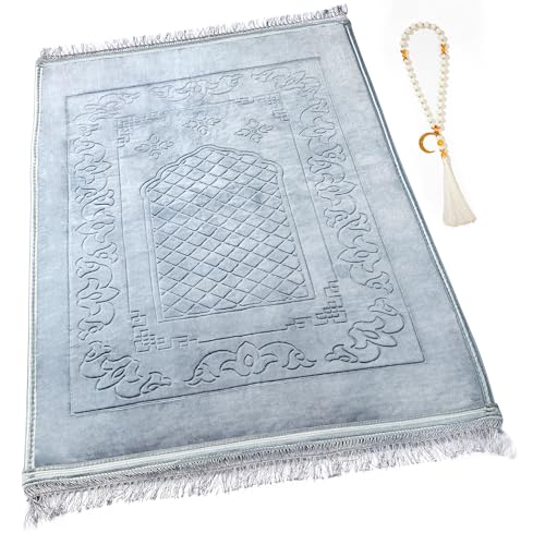 Muslim Prayer Rug with Tasbih Prayer Beads, Soft Large Prayer Matt Islam, Padded Islamic Prayer Mat Thick for Men and Women, Janamaz, Sajadah (Grey) - color: Grey