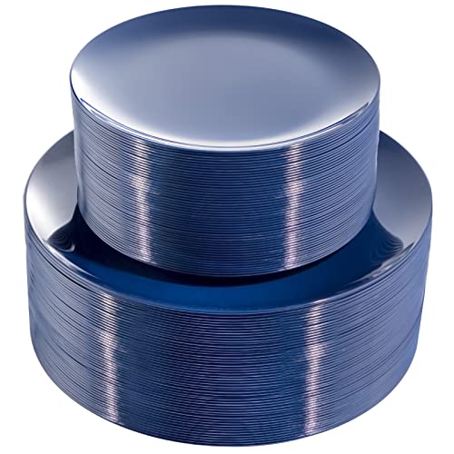 PULOTE 100PCS Blue Plastic Plates - Heavy Duty Navy Blue Disposable - Include 50PCS 10.25inch Dinner & 50PCS 7.5 inch Dessert/Salad Plates - Ideal for Party & Labor Day - color: Blue