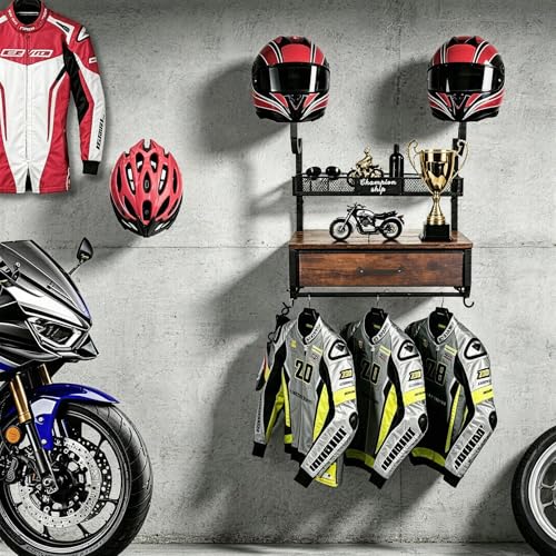 Motorcycle Helmet Holder Wall Mounted with 4 Hanging Hooks, Drawer & Mesh Basket, All-in-On Easy Access Gear Storage Organizer for Helmets Shape Protection, Motorcycle Accessories, Black