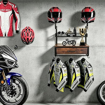 Motorcycle Helmet Holder Wall Mounted with 4 Hanging Hooks, Drawer & Mesh Basket, All-in-On Easy Access Gear Storage Organizer for Helmets Shape Protection, Motorcycle Accessories, Black