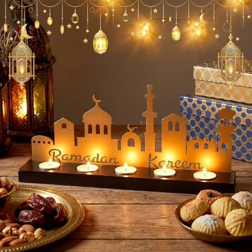 MorningRo Ramadan Kareem Decorations Islamic Candle Holder with 5 Tea Candles Eid Mubarak Metal Sign with Wood Base Ramadan Kareem Table Centerpieces Eid Al Fitr Muslim Party Gifts - style: Elegant