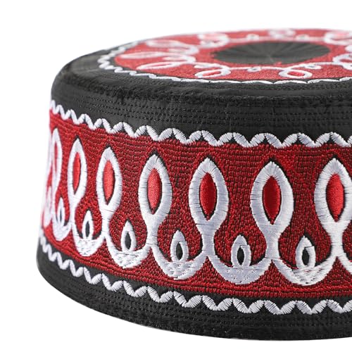 Muslim Prayer Kufi Hat Men Islam Skull Embroidery Cap Beanie Hat Arabian Omani Turkish Prayer Headwear Eid Gift - color: Wine Red